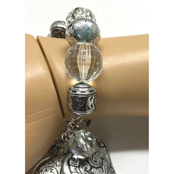 Silver Tone Chunky Charm Bracelet Beaded Heart Flowers Stretch - Picture 5 of 6